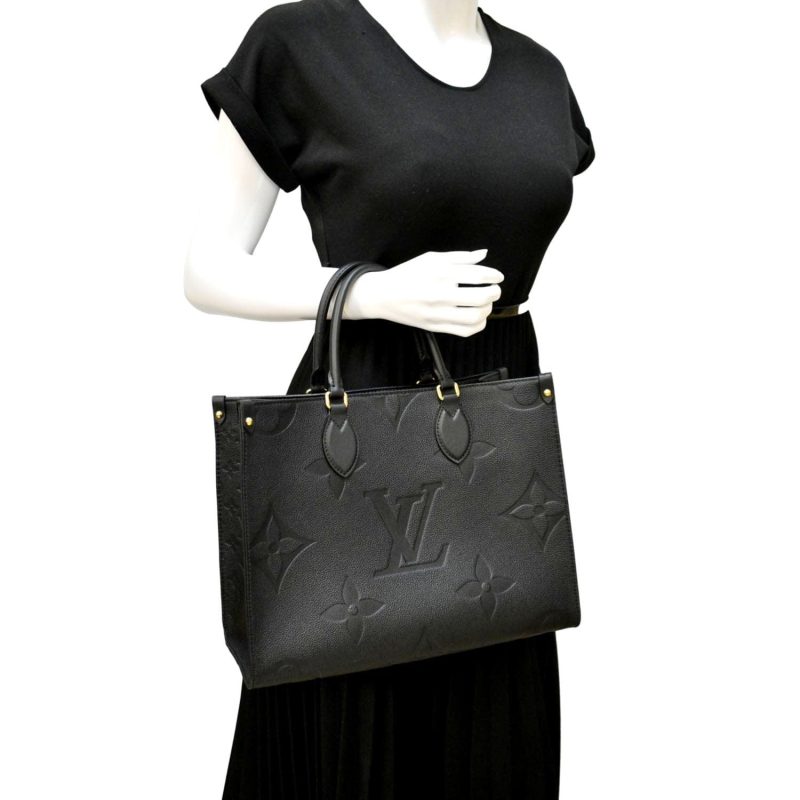 LOUIS VUITTON Onthego MM Giant Monogram Empreinte Leather Tote Bag Black